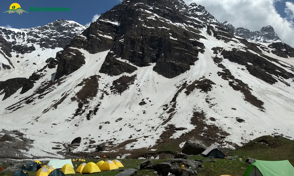 Campsite at Litham with snow peaks bikat