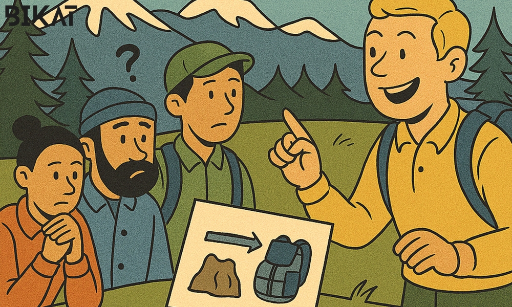 a guide briefing trekkers during a trek
